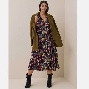 Torrid Studio Floral Dot Tea Length 3/4 Sleeve Shirt Midi Dress Black 2X